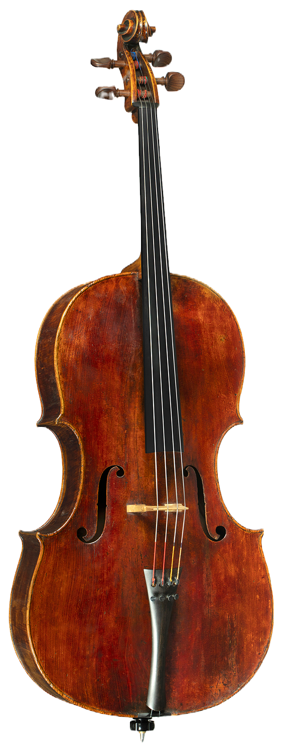 The back is of two unmatched pieces of maple, that of the bass side is cut on the quarter and showing a narrow horizontal flame, that of the treble side cut on the slab and marked with an irregular light flame. The head is of plain maple. Length of back 73cm.