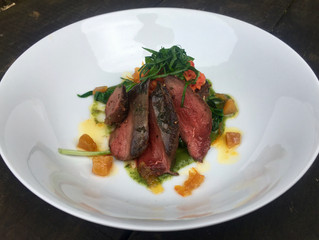Pigeon and nduja with wild garlic and jerusalem artichoke latkes