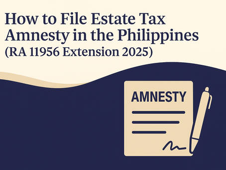 A flat-design image in indigo and beige showing a document labeled “Amnesty” with a pen signing it and a 2025 calendar icon, symbolizing the Estate Tax Amnesty extension in the Philippines.