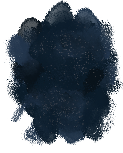 Decorative dark-blue watercolor splash behind text.