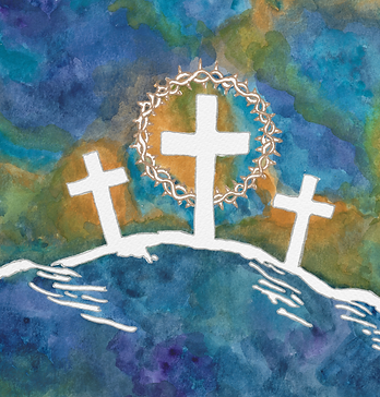 A crop from a watercolor painting, "Three Crosses." The background is a wash of blues and gold, with the silhouette of three crosses in unpainted white. Surrounding the center cross is a gold-lined crown of thorns.