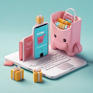 Online shopping cart with gifts on phone and laptop