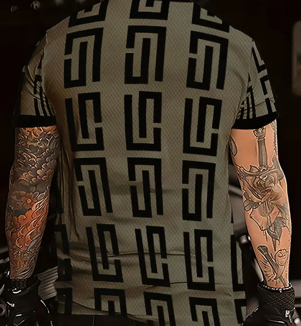 Thumbnail: Men's Geometric Print T-Shirt - Stylish Black & Gray Pattern, Short Sleeve