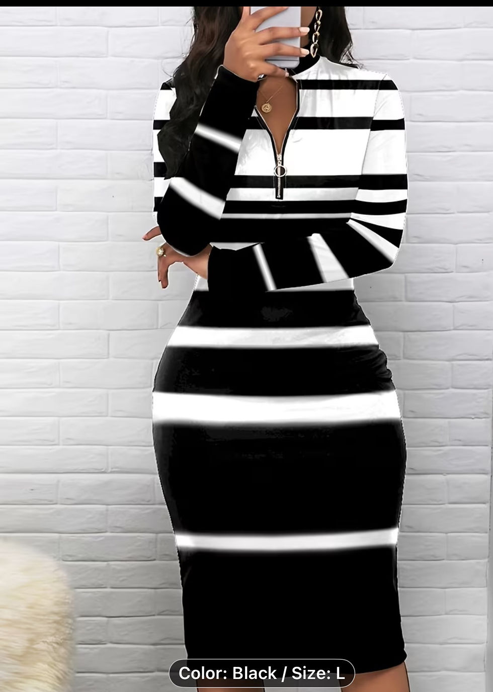 Thumbnail: New Women's Fashion Casual Zippered Striped Bodycon Dress