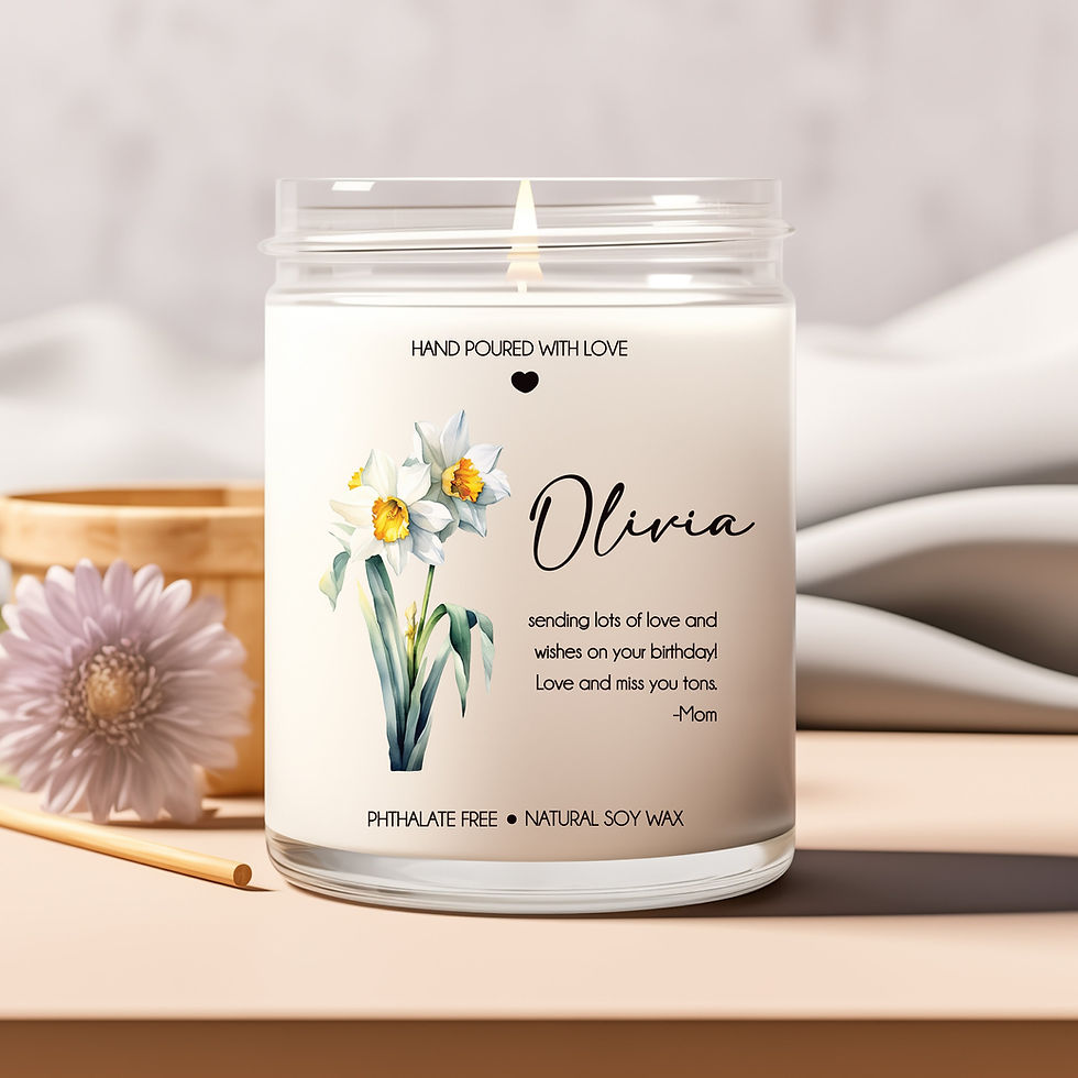 Personalized December birth flower soy candle with narcissus scent in clear jar