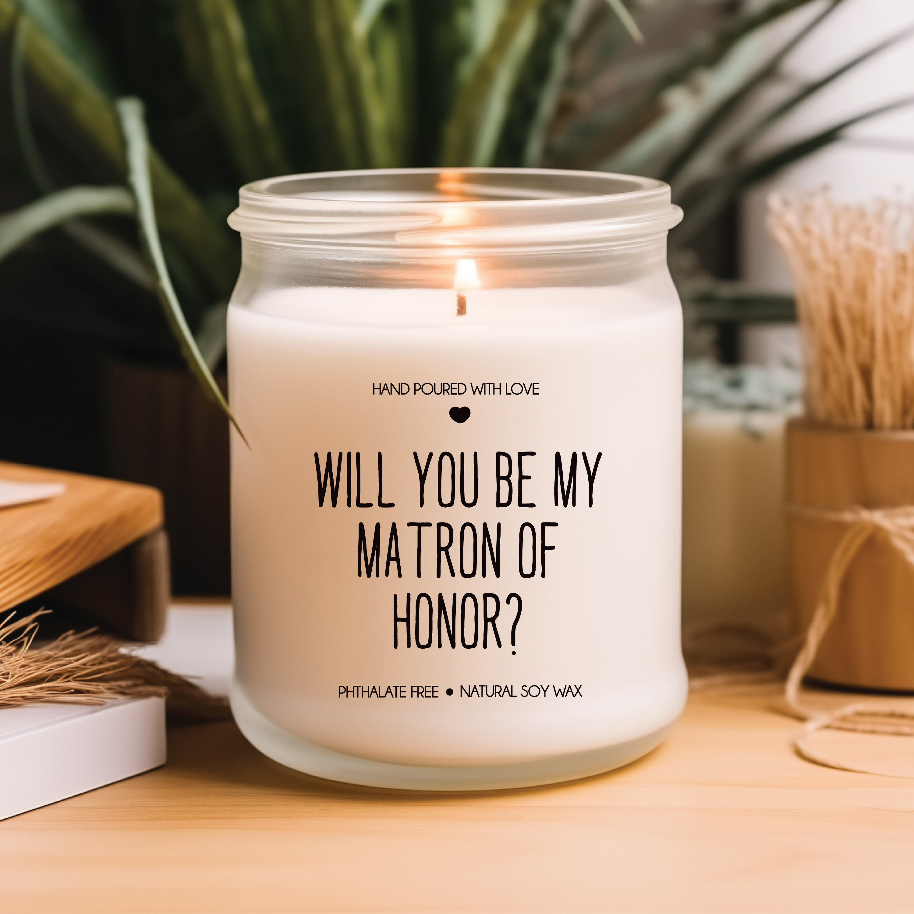 “Will You Be My Matron of Honor” soy jar candle with elegant minimalist label and clean white wax