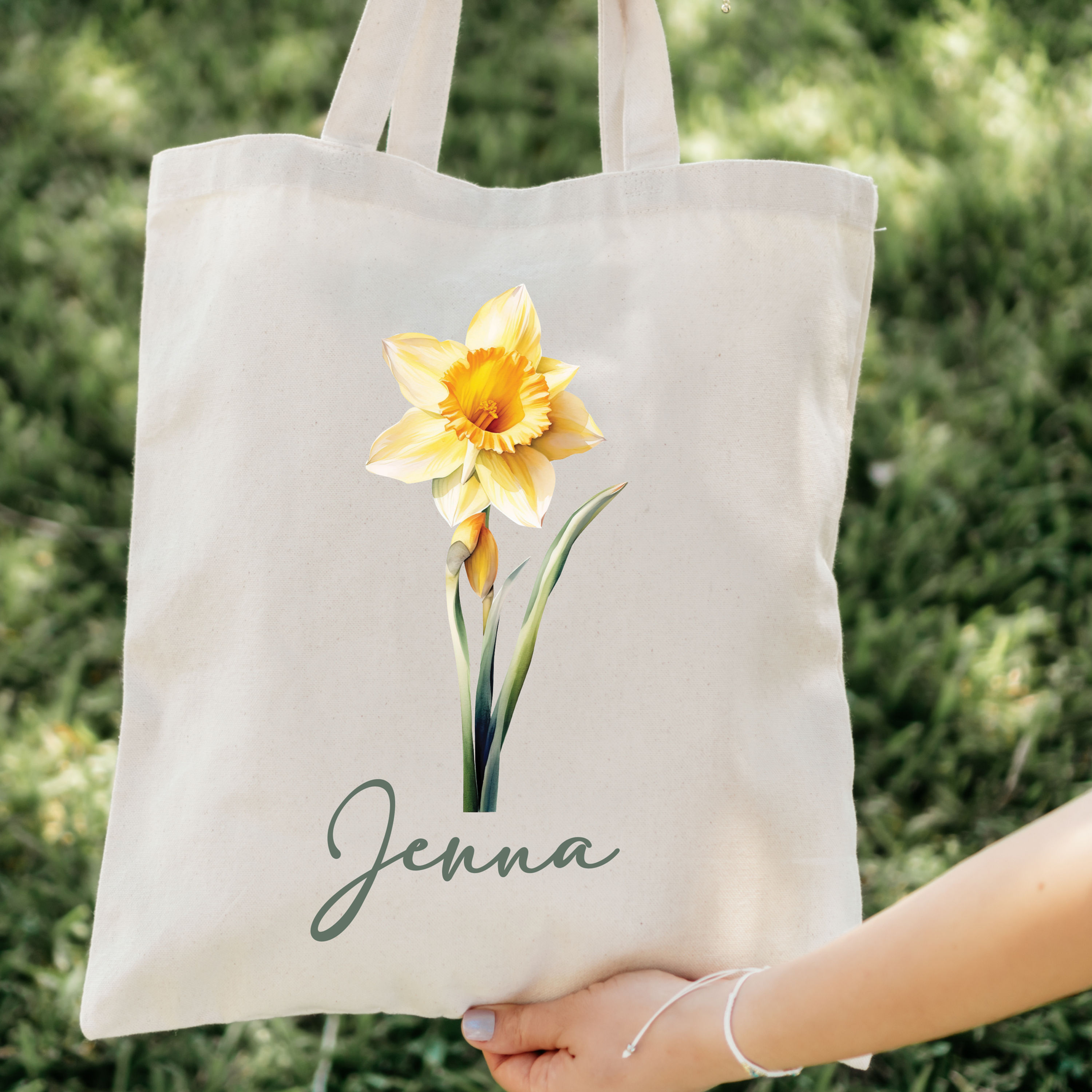 Cream tote: March birth flower canvas tote with daffodil design on cream bag, eco-friendly gift