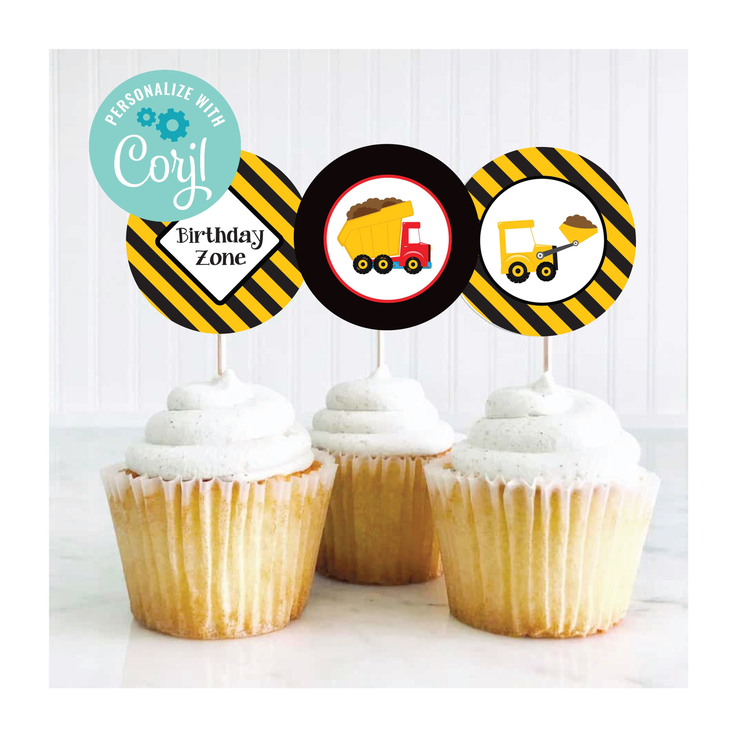 EDITABLE Construction Cupcake Toppers -Construction Birthday, Birthday Party Inv