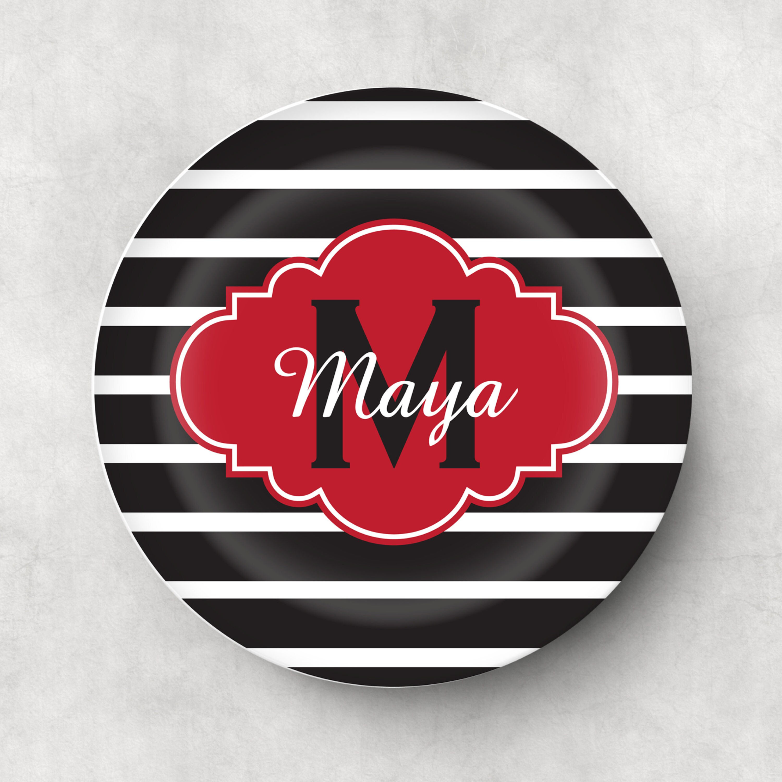 Black Striped Red Monogram Personalized- Personalized Plates For Kids, Personali