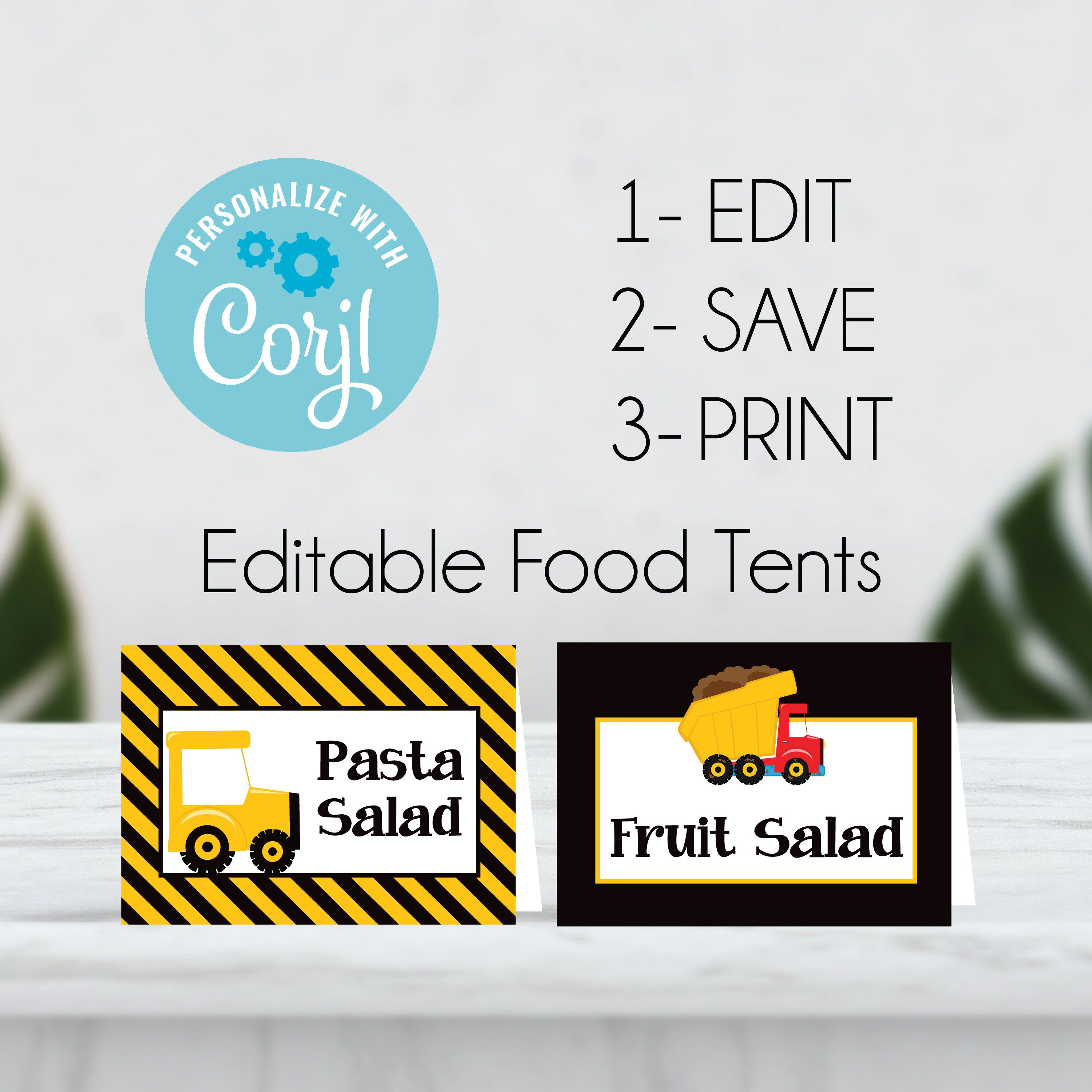 EDITABLE Construction Party Food Tents - Construction Tent Cards, Dump Truck Pri
