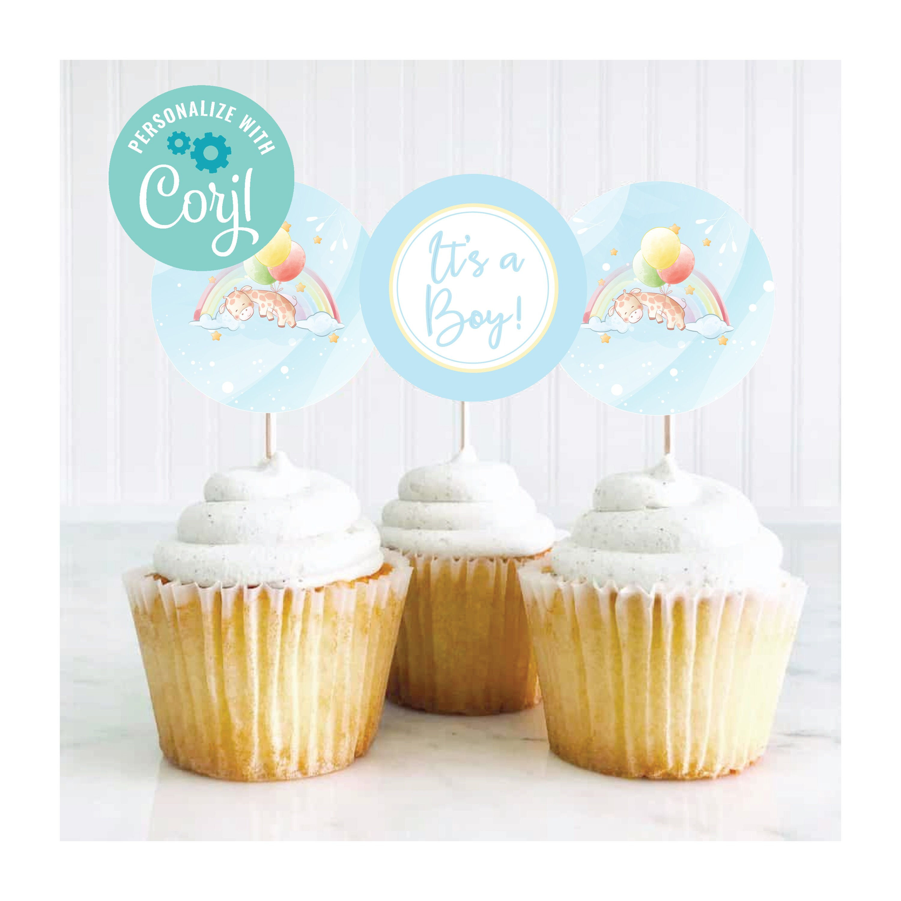 EDITABLE BLUE Baby Giraffe Cupcake Toppers - Giraffe Birthday Printables, Giraff