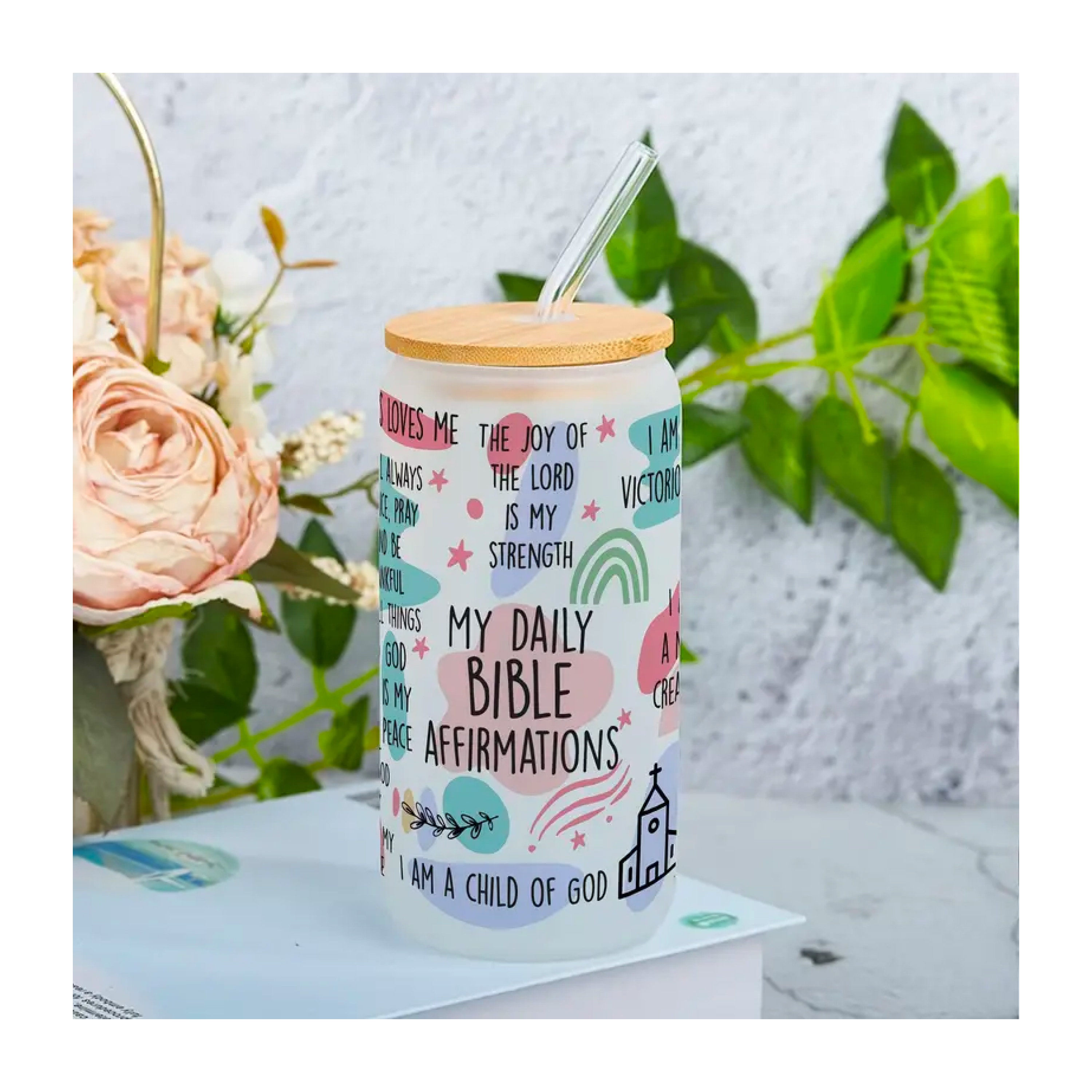 16 oz. Religious Reminders Glass Tumbler- Mental Health Tumbler, Daily Affirmat