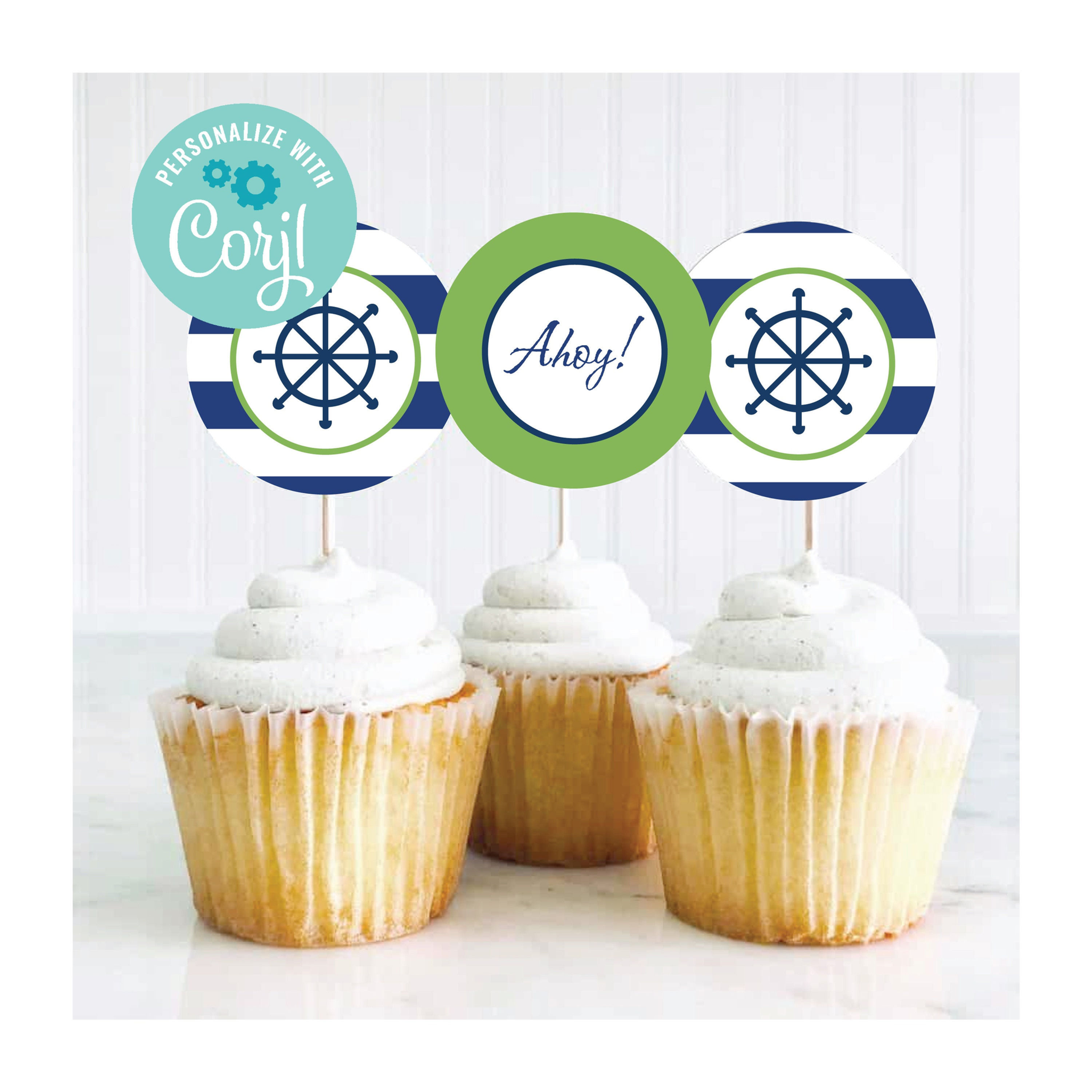 EDITABLE Blue and Green Nautical Cupcake Toppers - Nautical Party Birthday, Birt