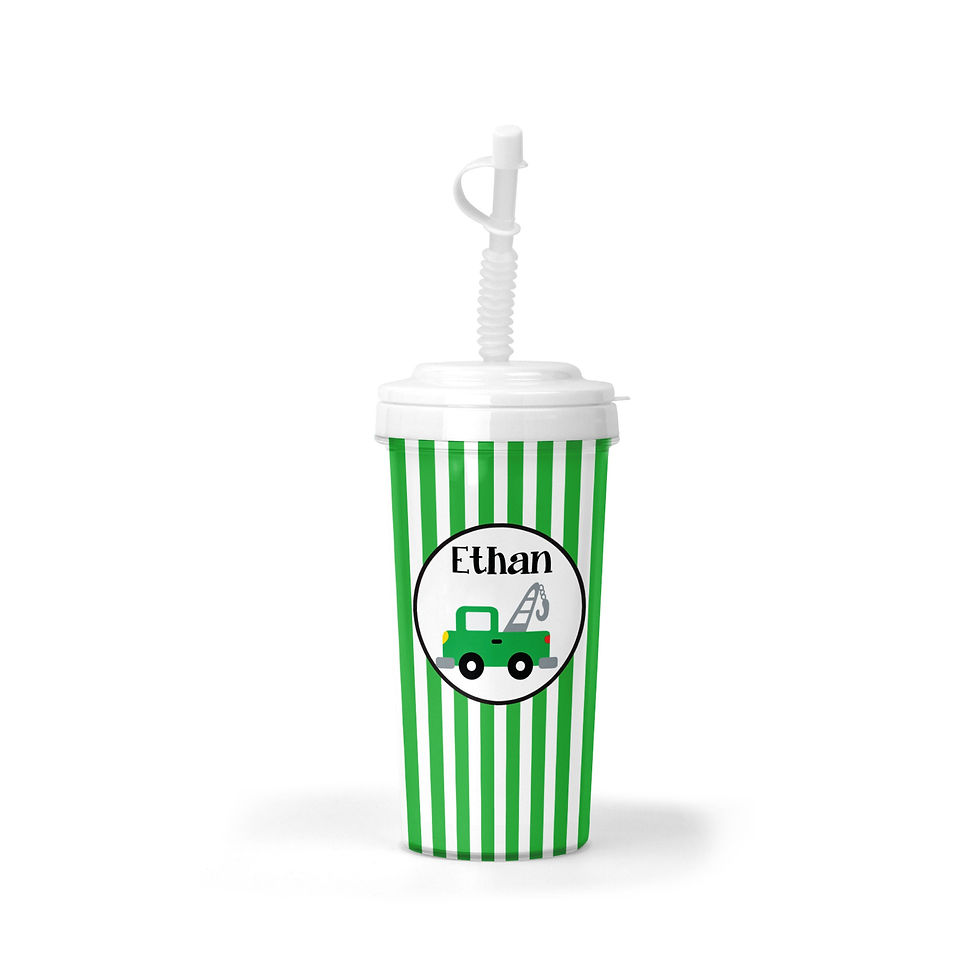 20 oz. Green Striped Towtruck Bendy Straw Cup- Tumbler for Kids, Gifts for Kids,