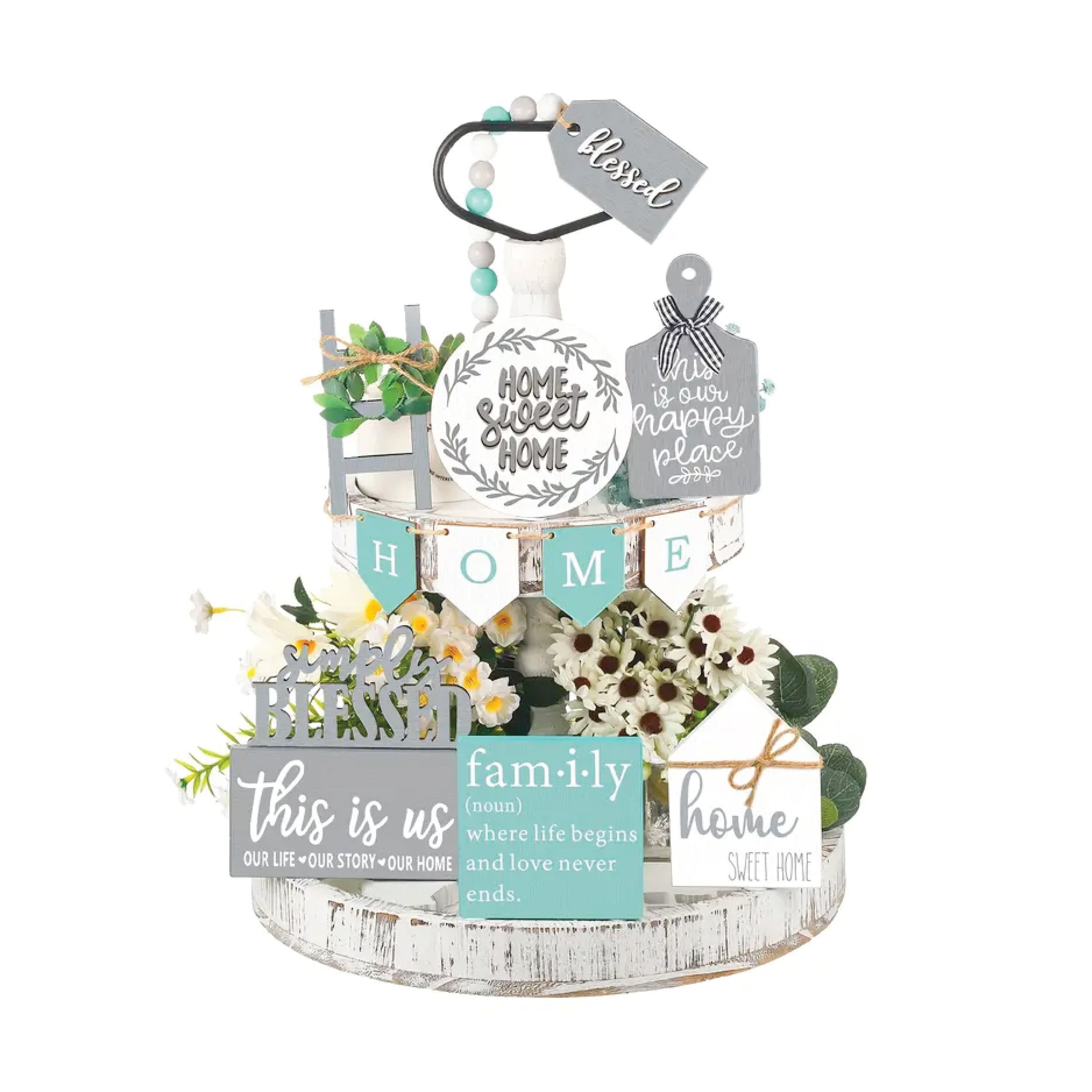 12 Piece Family Tiered Tray - Home Sweet Home Tiered Tray - Farmhouse Tiered Tra