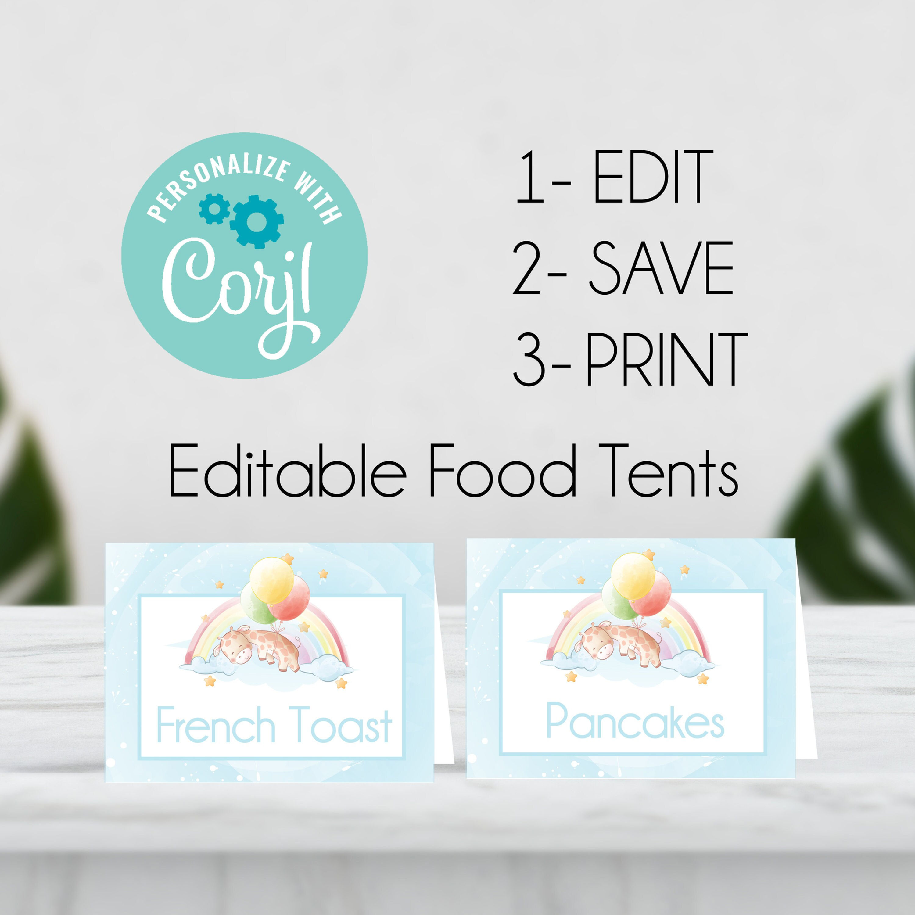 EDITABLE BLUE Giraffe Food Labels, Party Food Tents, Giraffe Tent Cards, Giraffe