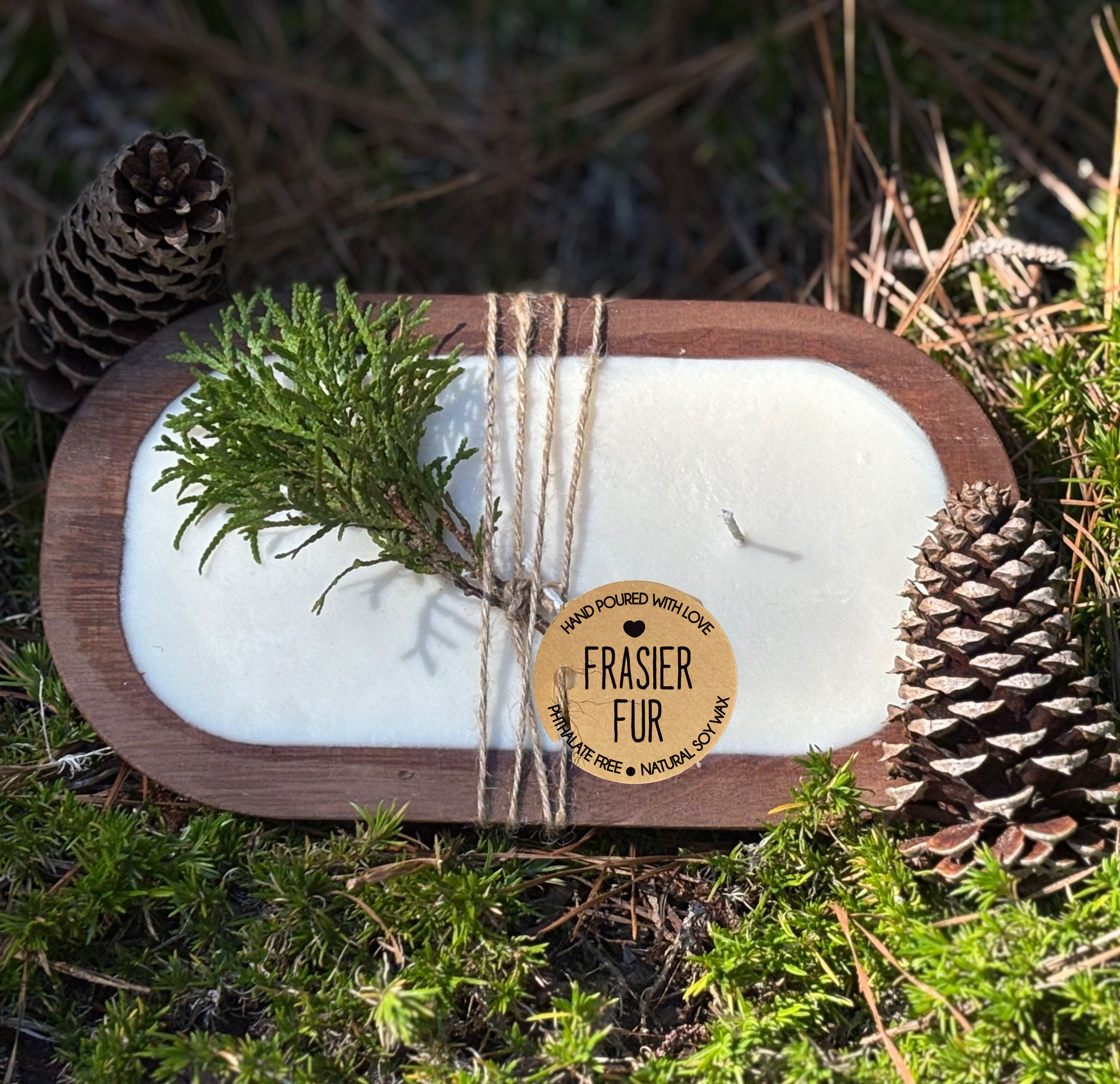 Hand-carved wooden dough bowl candle with fresh Frasier Fir evergreen scent