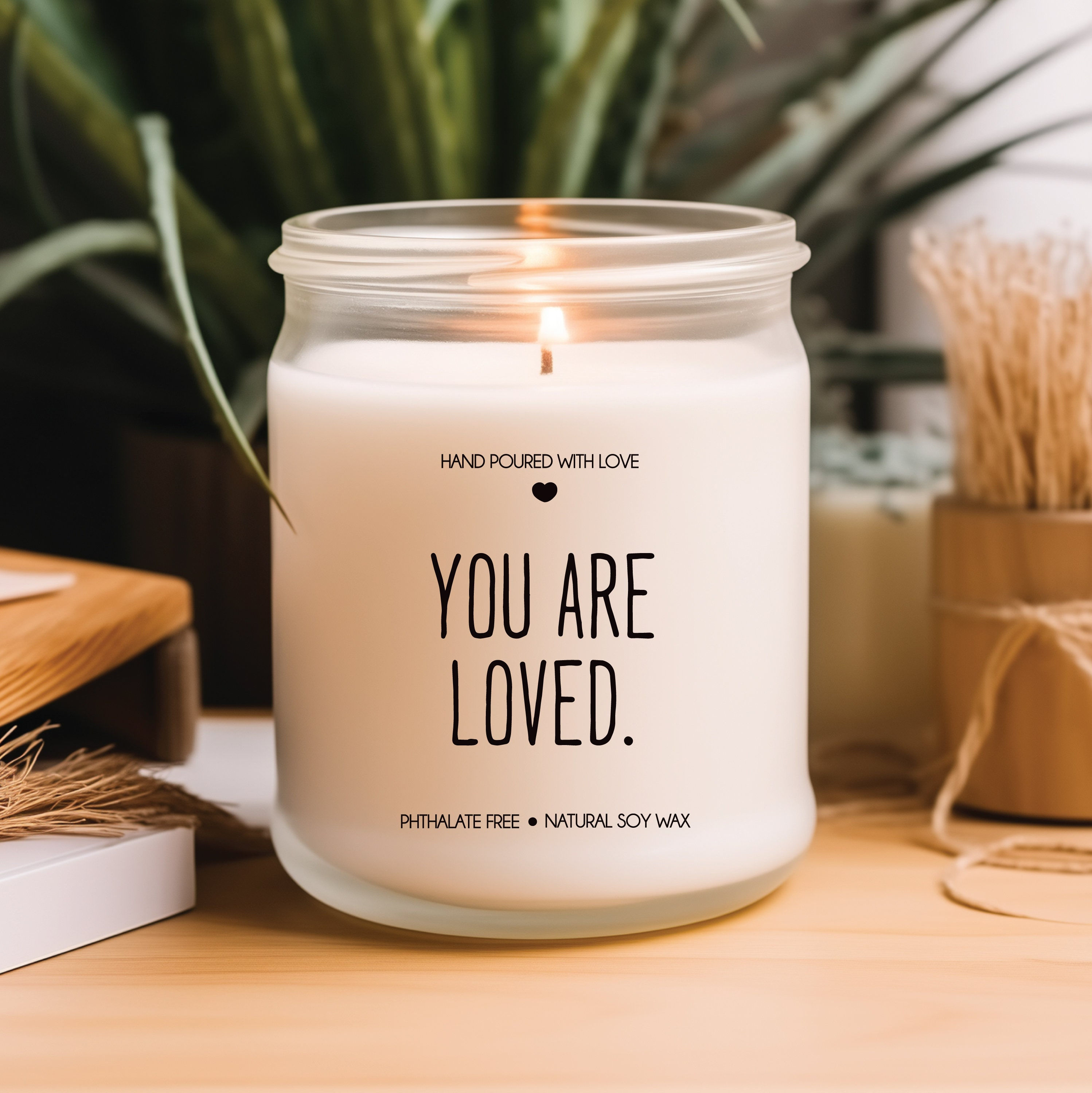 “You Are Loved” hand-poured soy jar candle with minimalist inspirational label