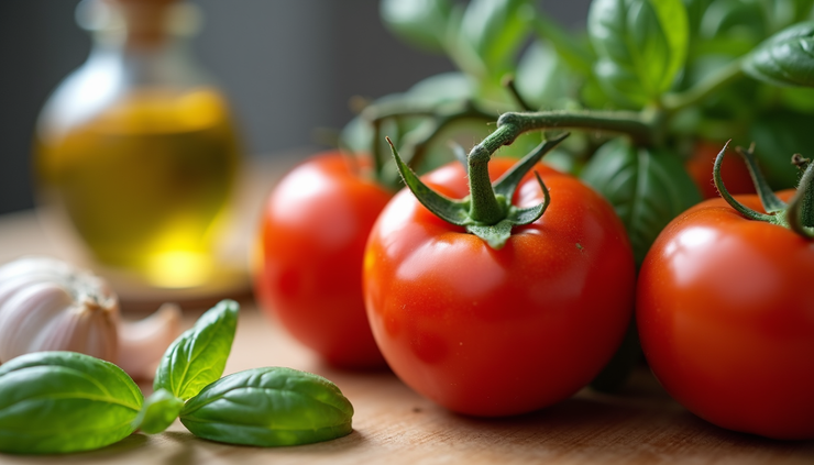 Close-up view of fresh tomatoes and herbs on kitchen counter