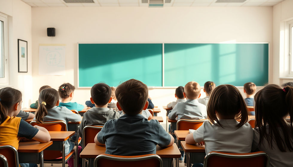 Students seated in a classroom facing a green chalkboard and a blue screen. Background bulletin board. Bright, focused atmosphere.