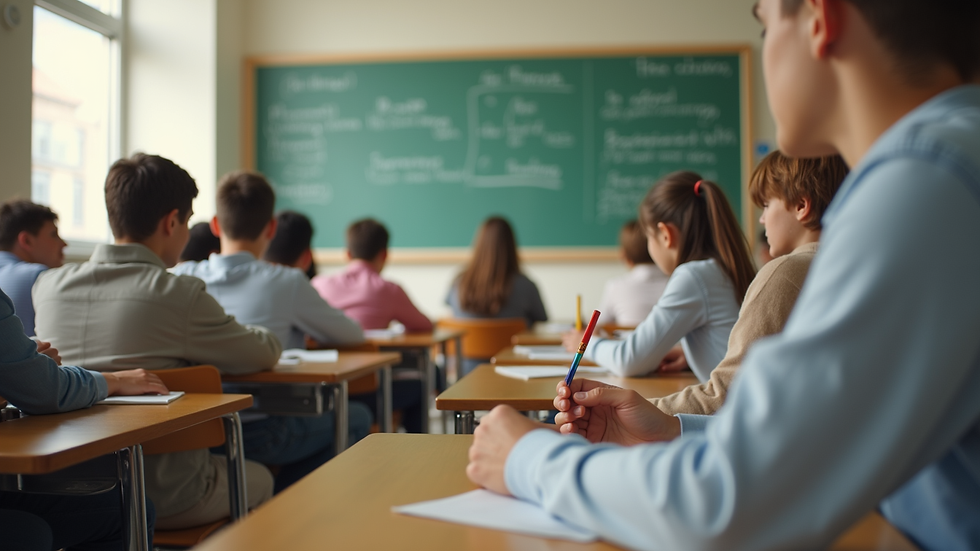 Eye-level view of a welcoming classroom filled with students engaged in learning