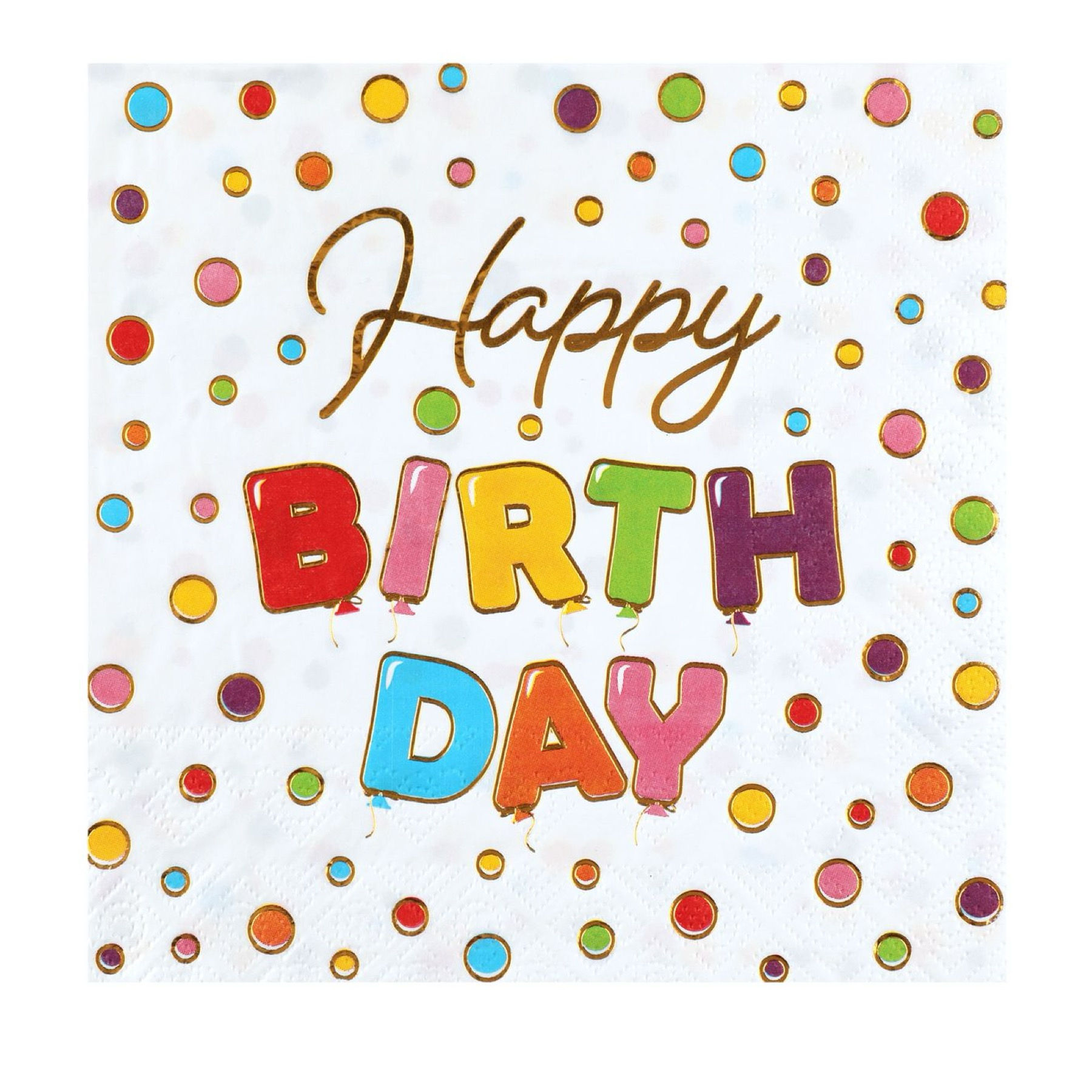 Multicoloured Metallic Gold Dots Happy Birthday Paper Napkins 33 x 33 cm 20pcs