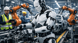 Robot industrial inteligente trabajando en una fábrica automatizada