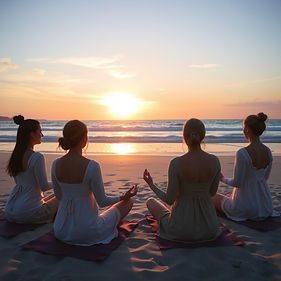 group of women dressed decently with long sleeve doing meditation together in beach , sunr