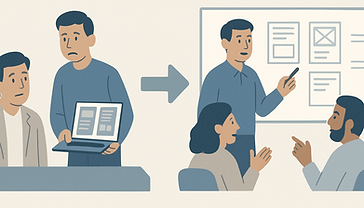 “Flat-style UX illustration showing a design habit shift about timing._On the left_ A frus