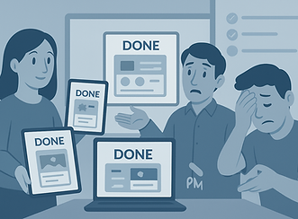 “Flat-style illustration of a sprint board where tasks are being actively reversed. A conf