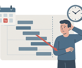 Flat-style illustration showing a Gantt chart or timeline slipping past its deadline. A ca