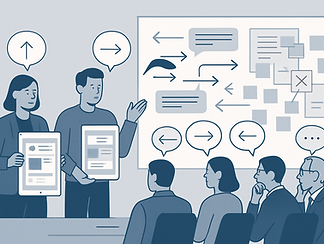 “Flat, clean illustration showing a chaotic design review scene. Designers present polishe