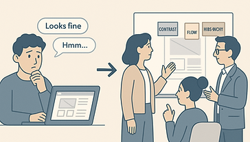 “Flat-style UX illustration showing a shift in design feedback quality._On the left_ A scr