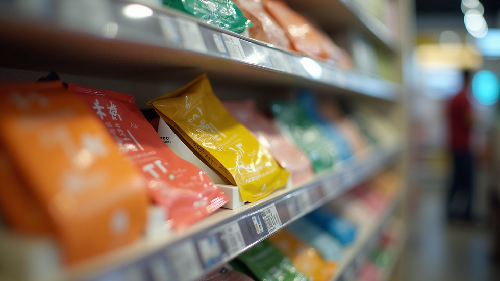 Close-up view of a product display with colorful packaging