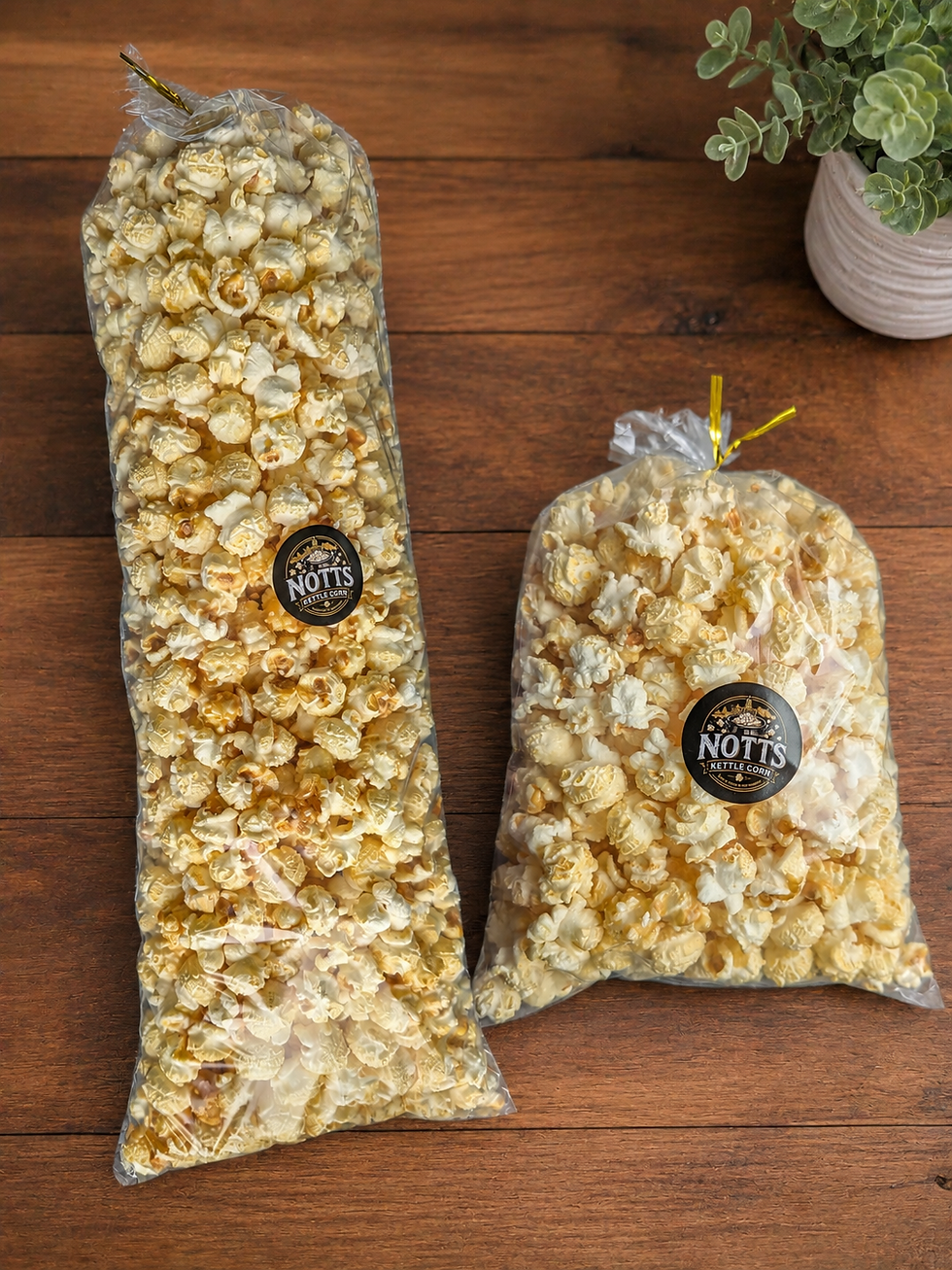 Small and large bags of kettle corn.