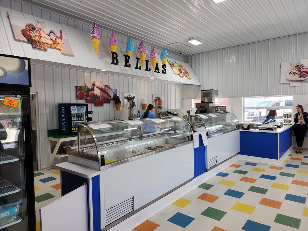 Bella's Creamery in Grafton Ohio interior: ice cream displays and customers