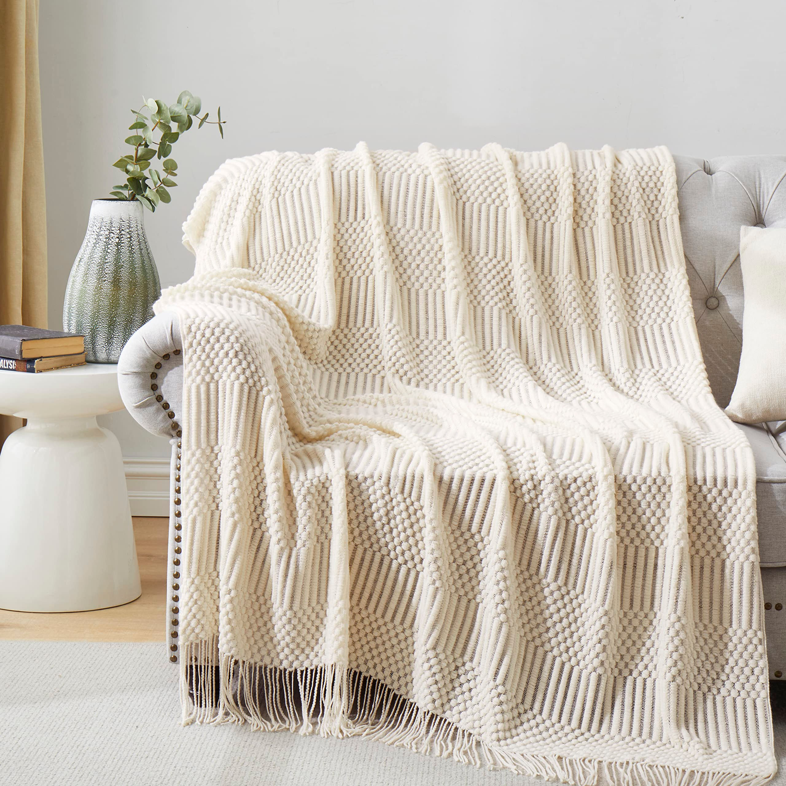 HommxJF Off White Knitted Throw Blankets for Couch Bedroom and OfficeroomTexture