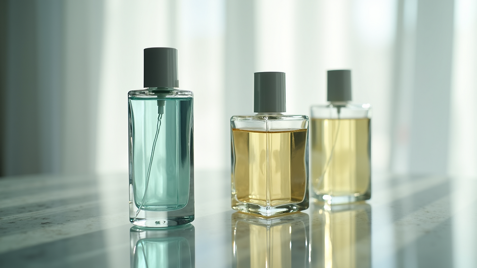 Eye-level view of glass bottles for beauty products
