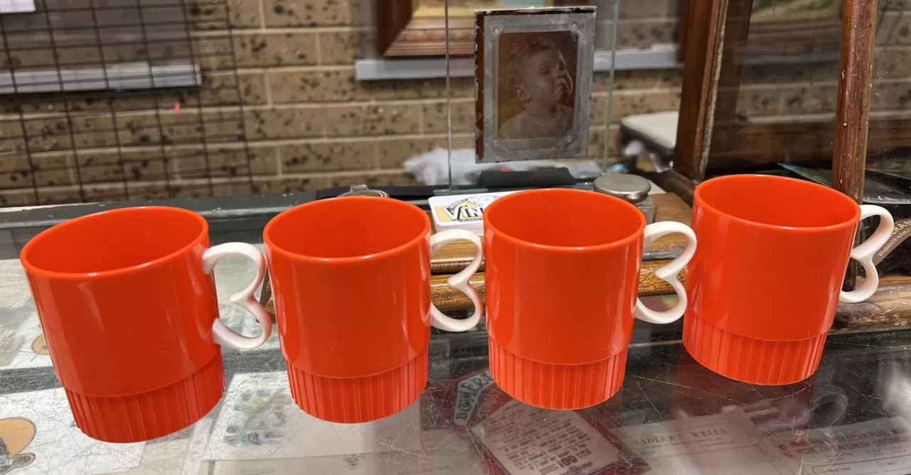 Vintage Steditem Made In Australia Orange And White Plastic Mugs