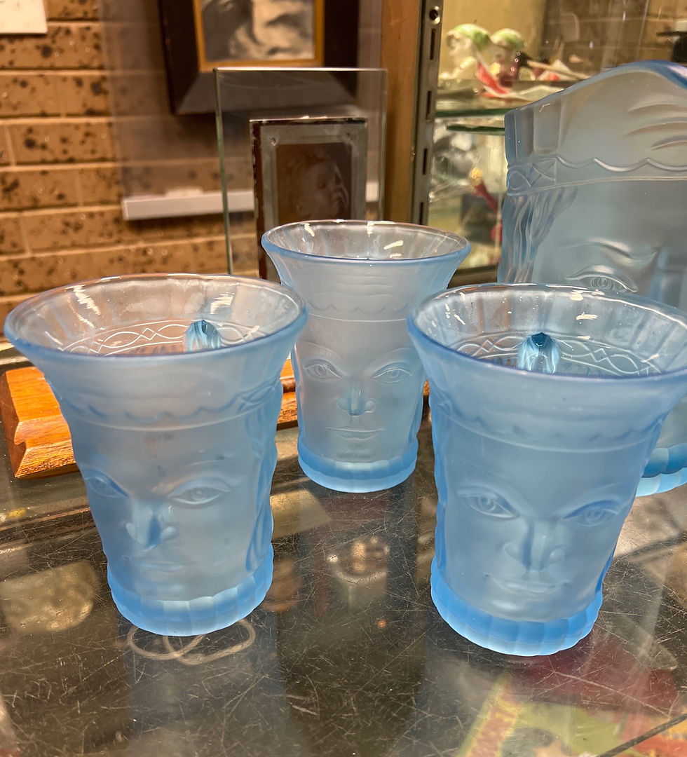 Thumbnail: Art Deco Blue Glass Large Jug and Six Face Glasses