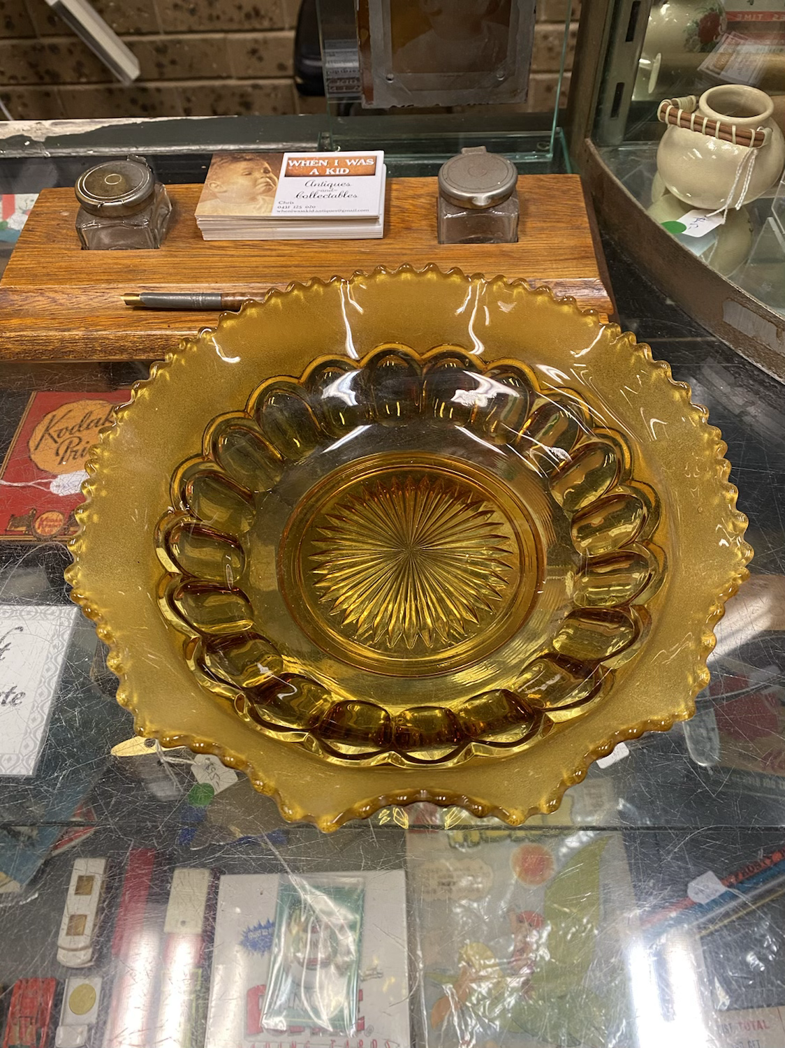 Crown Crystal Glass Co Amber Frosted Thumb Print Master Bowl