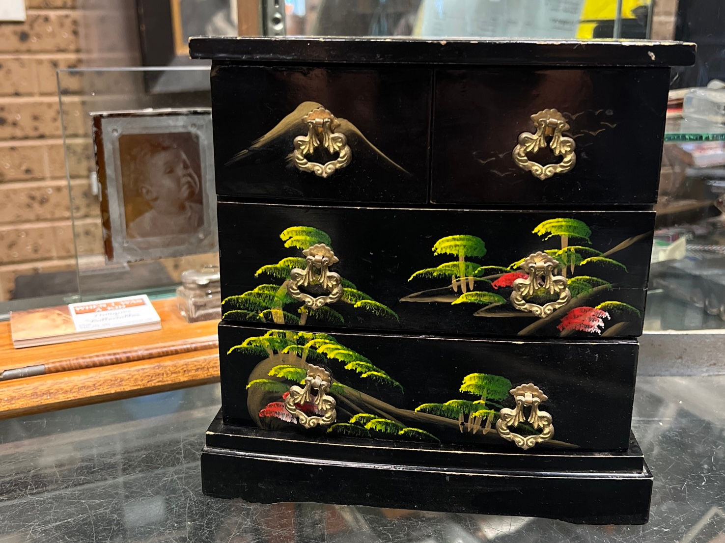 Vintage Japanese Lacquer Music Box Jewllery Drawers Plays Jingle Bells