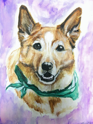a painting of a dog with a green scarf around its neck and a purple background
