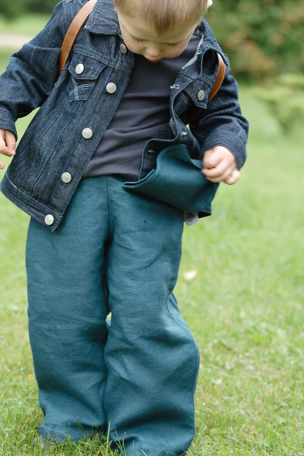 Miniatiūra: Kids linen trousers with a hanging pocket.  Many colours and sizes