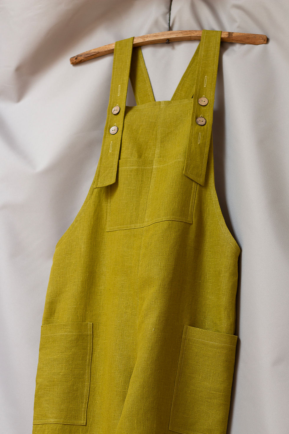 Thumbnail: Viksvos gardening overalls in mustard green linen