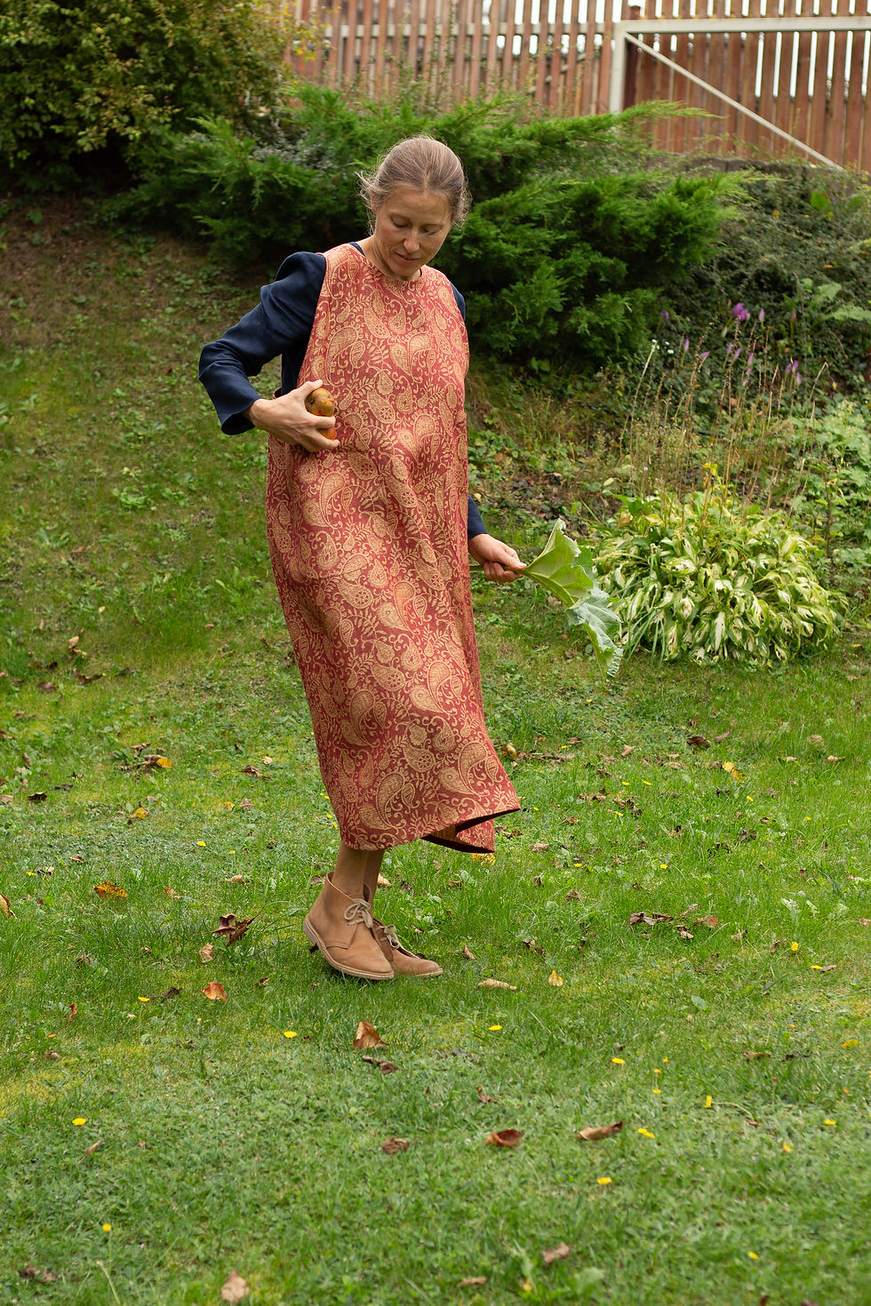Long japanese style crossback apron dress. Semi linen jacquard weave paisley pattern in maroon and mellow yellow.