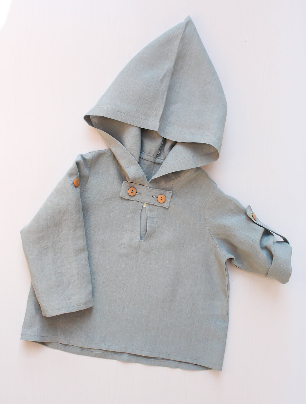 Miniatiūra: Linen hoodie for kids. Linen shirt with front buttons, tuck up sleeves and hood
