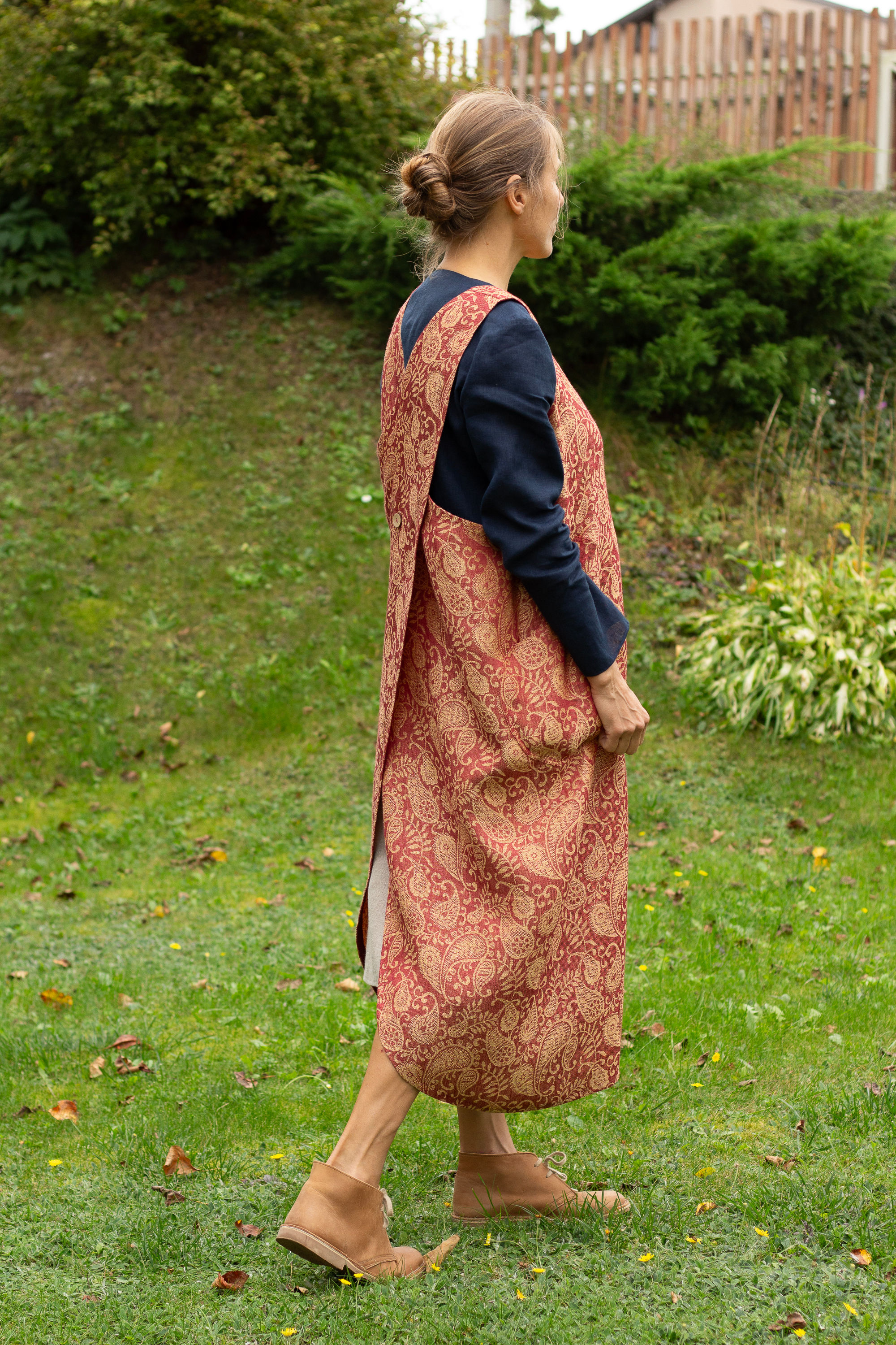 Long Crossback Apron Dress with Deep Pockets. Maroon and Mellow Yellow Jacquard Paisley Pattern Japanese-style Apron