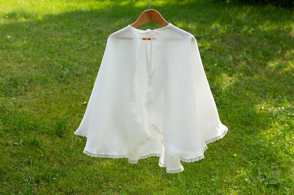 Thumbnail: Full circle, pure linen, baptism cape, adorned with lace trim