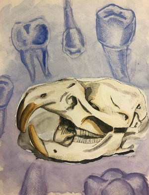 a drawing of a rat skull with a purple background